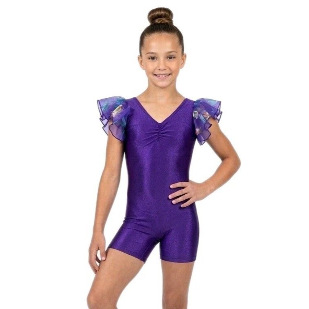 Body Wrappers VTG Royal Purple Chiffon Ruffle Lycra Unitard Biketard Kids 12/14